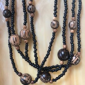 Multi Strand Natural Palm Wood Beads Necklace- Brown/Black - Neutral Wood Tones